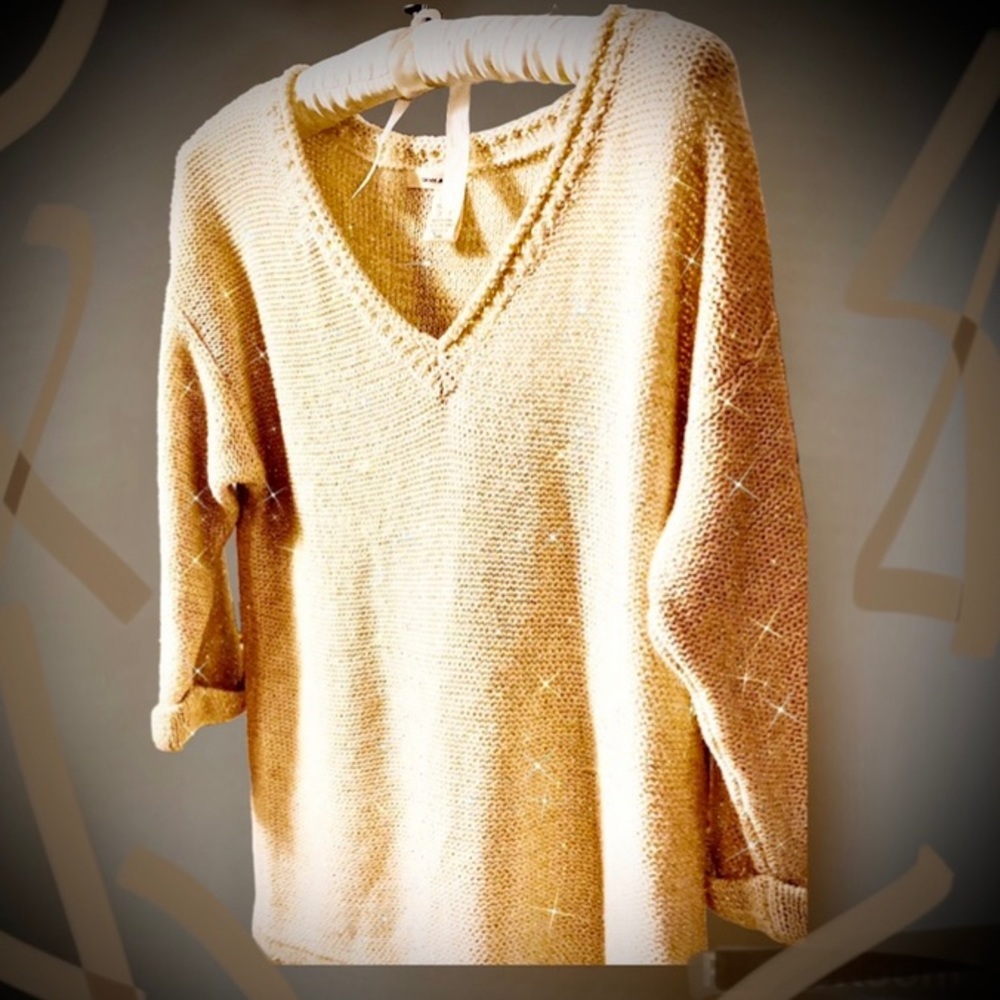 DKNY® Jeans Women’s 3/4-Sleeve V-Neck Gold-Sequin Knit Sweater Drawstring Small